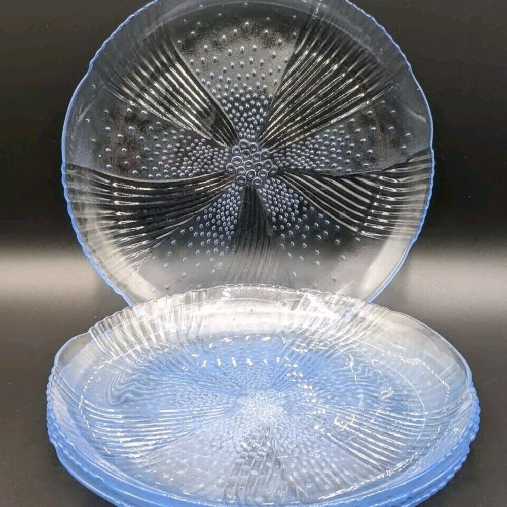 LIBBEY Harmony Blue Blown Glass Luncheon Salad Plates Set of 4 Vintage 9”